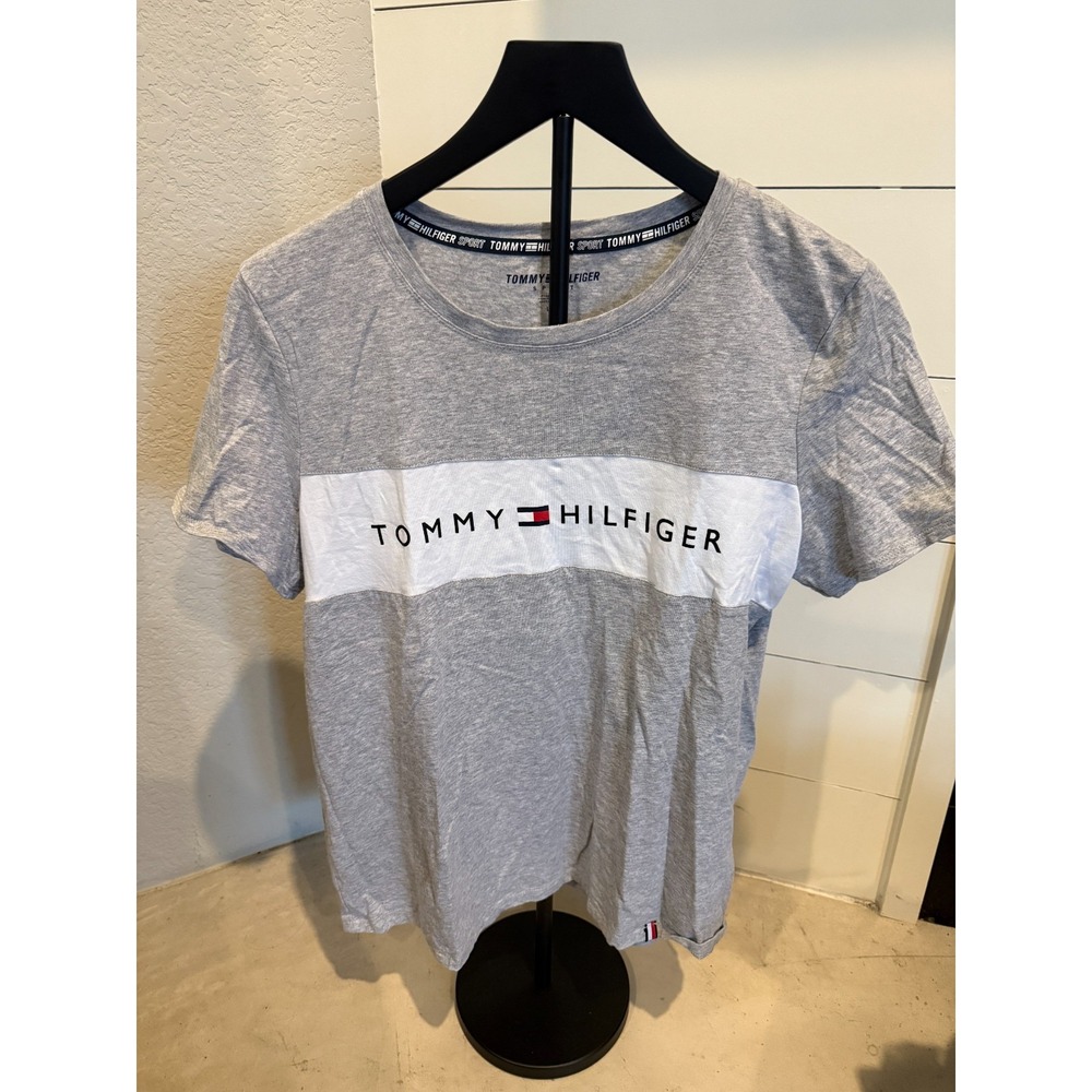Tommy Hilfiger Sport Womens Gray &‎ White Logo T-Shirt Size Large